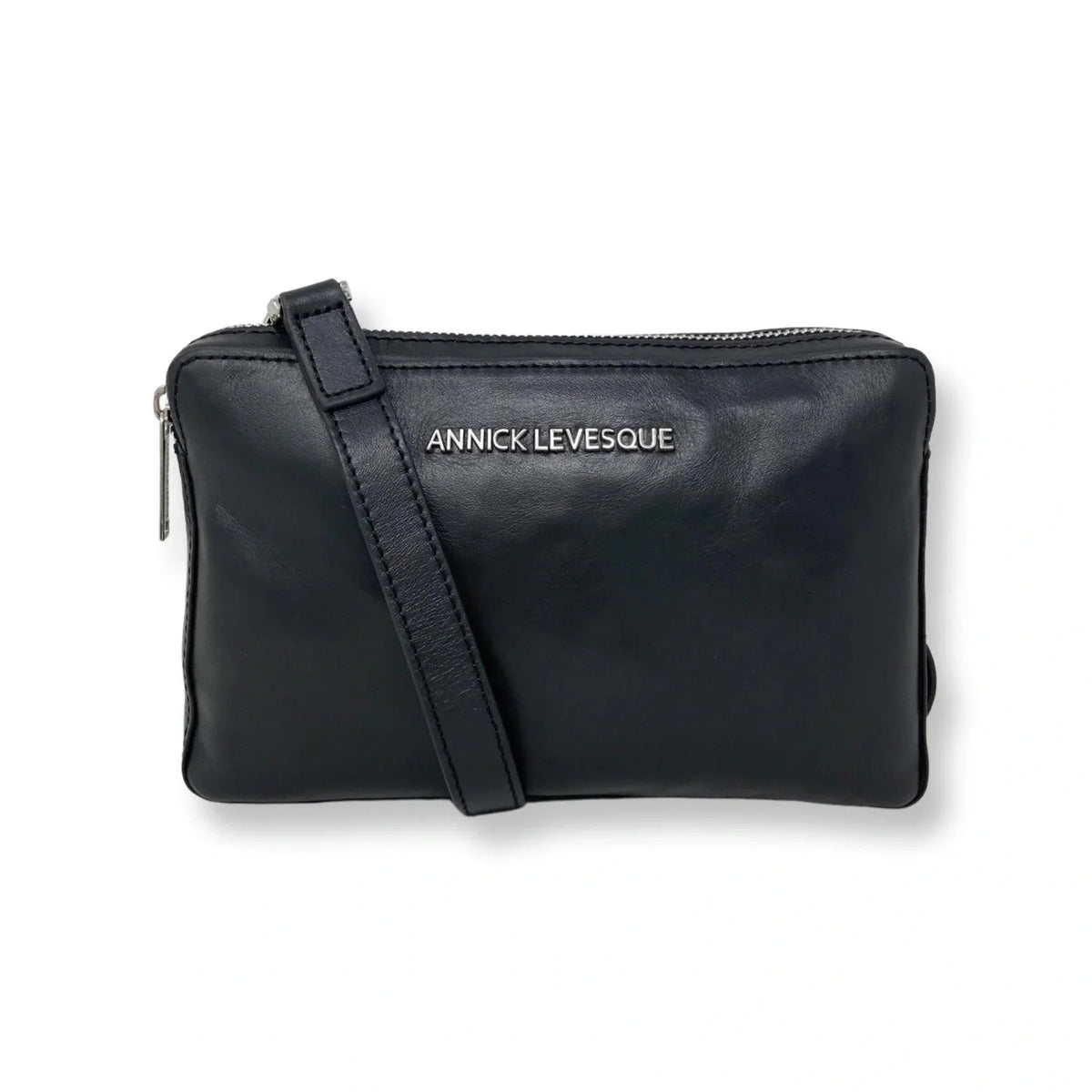 Sac Annie en cuir noir, vue de face avec bandoulière