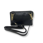 Sac Annie en cuir noir, vue arrière et bandoulière