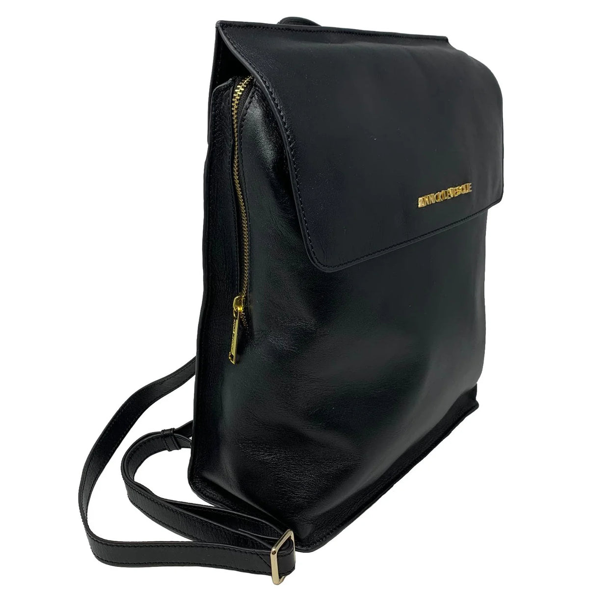 Sac à dos Antoinette en cuir noir, vue de trois quarts