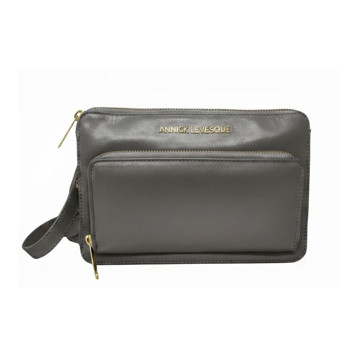 Sac portefeuille Carmen moyen en cuir pewter, vue du produit, détails dorés visibles