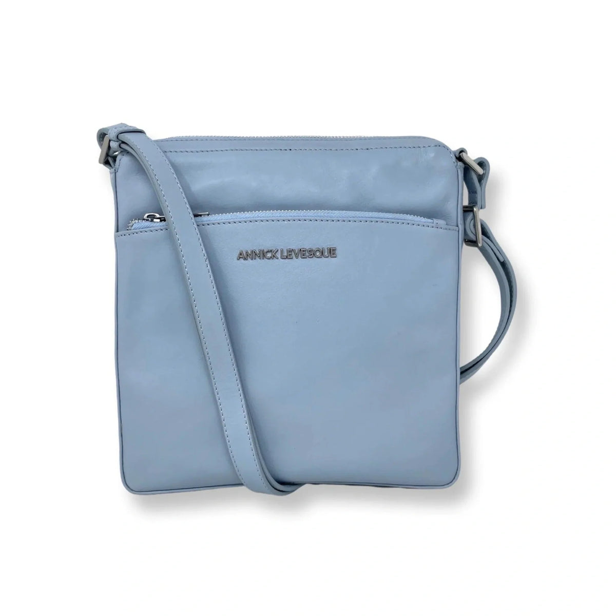 Sac à bandoulière Gisèle en cuir bleu clair, vue de face