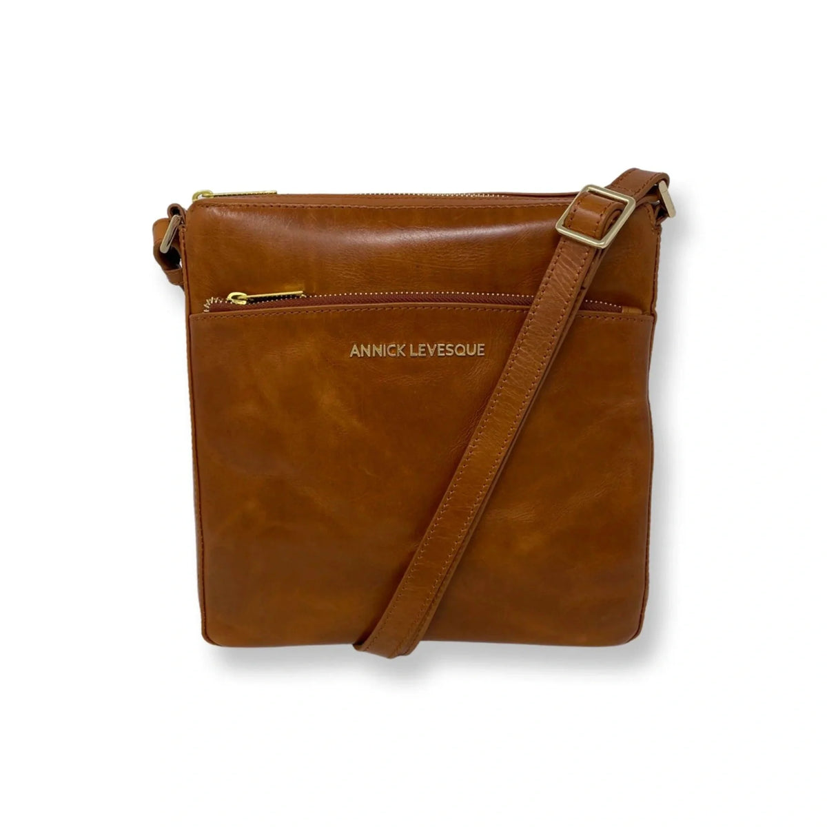 Sac à bandoulière Gisèle en cuir cognac, vue de face