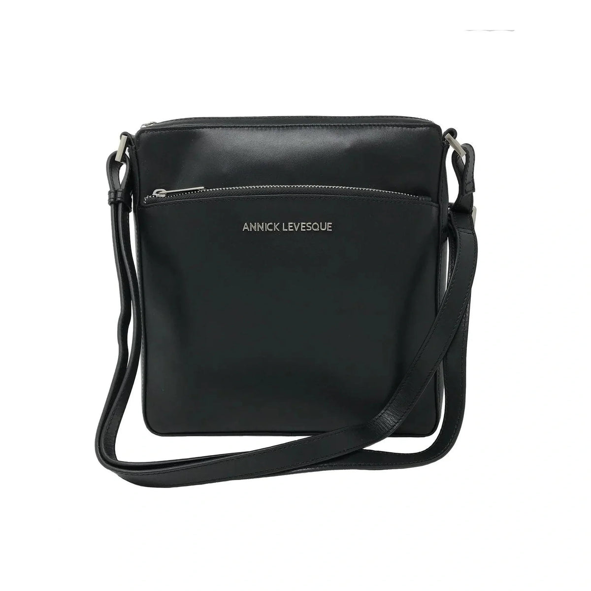 Sac à bandoulière Gisèle en cuir noir, vue de face avec bandoulière