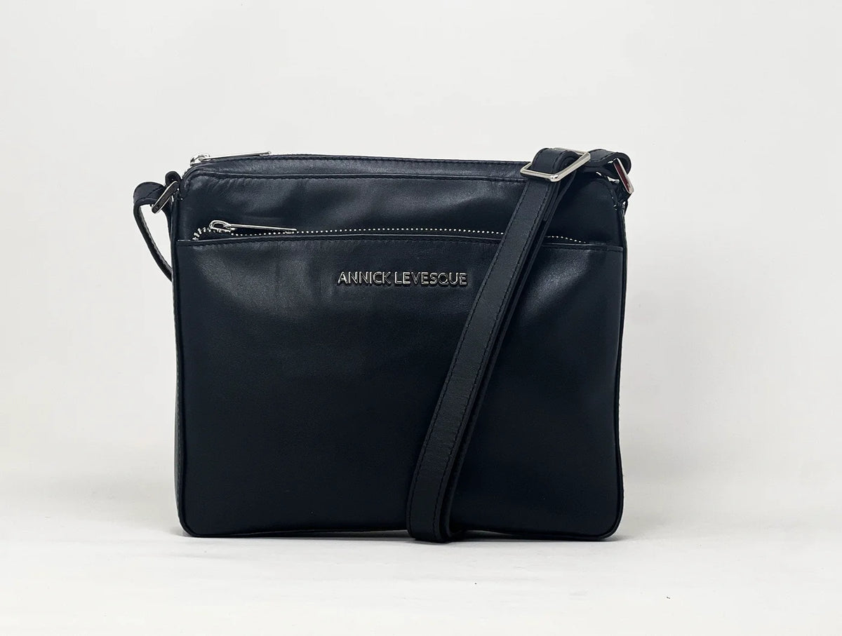 Sac à bandoulière Gisèle petit en cuir noir, vue de face