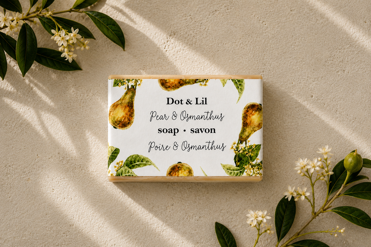 Savon en barre – Poire & osmanthus – 128 g de Dot & Lil – présentation du produit