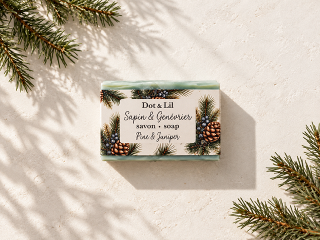 Savon en barre – Sapin & genévrier – 128 g de Dot & Lil – présentation du produit