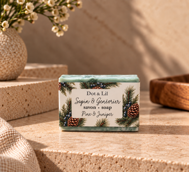 Savon en barre – Sapin & genévrier – 128 g de Dot & Lil – présentation du produit