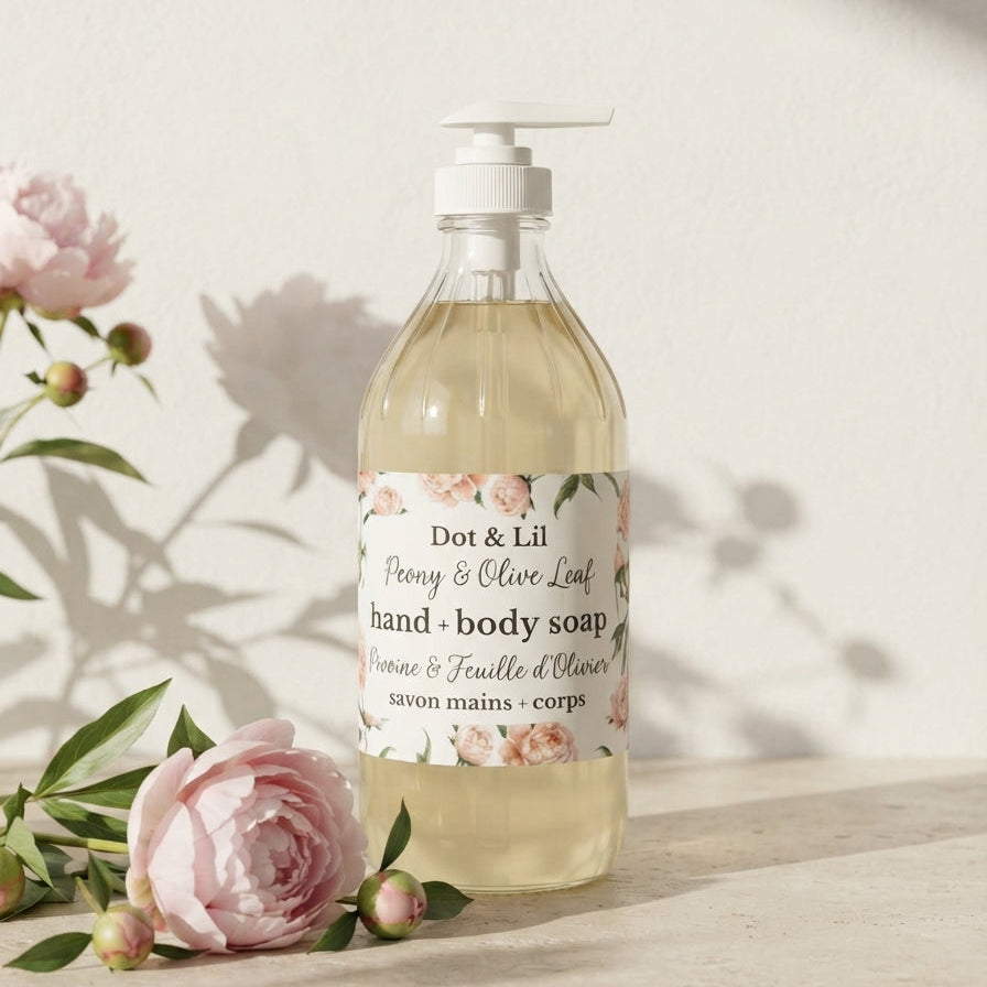 Savon liquide mains et corps – Pivoine & feuille d’olivier – 473 ml de Dot & Lil