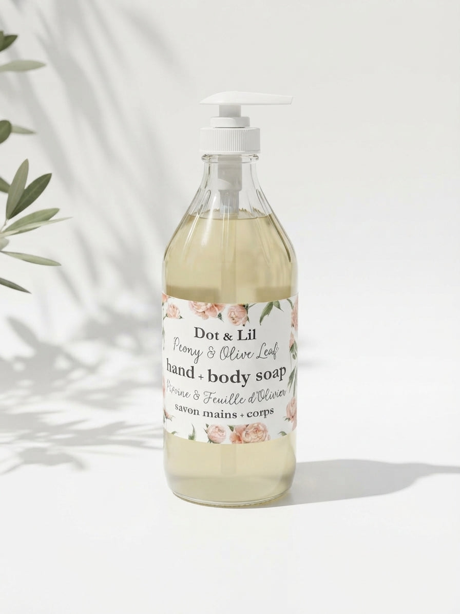 Savon liquide mains et corps – Pivoine & feuille d’olivier – 473 ml de Dot & Lil – présentation du produit