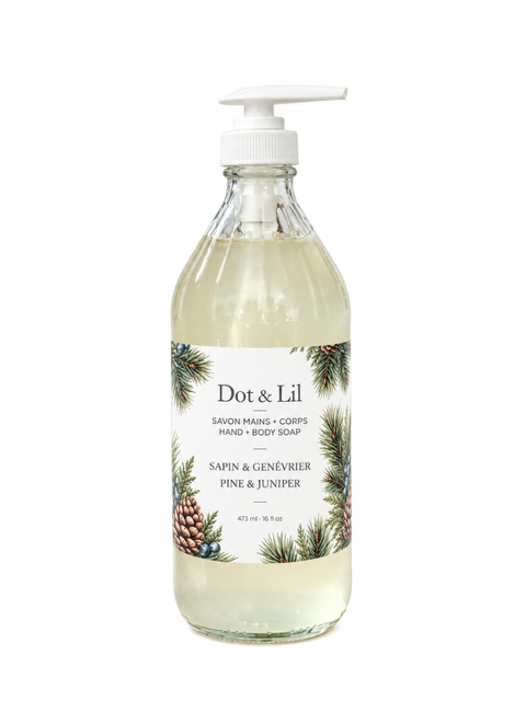 Savon liquide mains et corps – Sapin & genévrier – 473 ml de Dot & Lil – présentation du produit