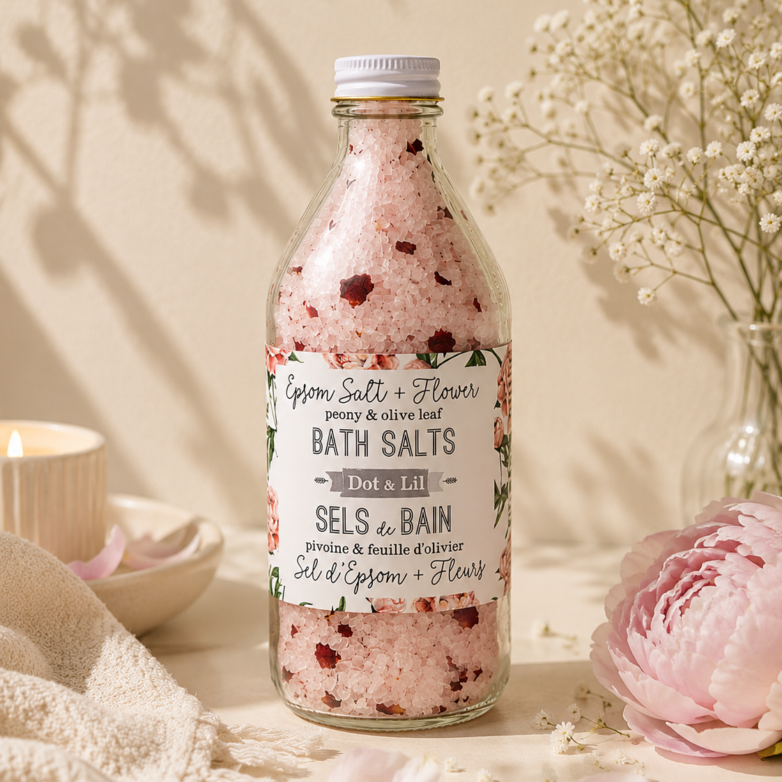 Sels de bain – Pivoine & feuille d’olivier – 470 g de Dot & Lil