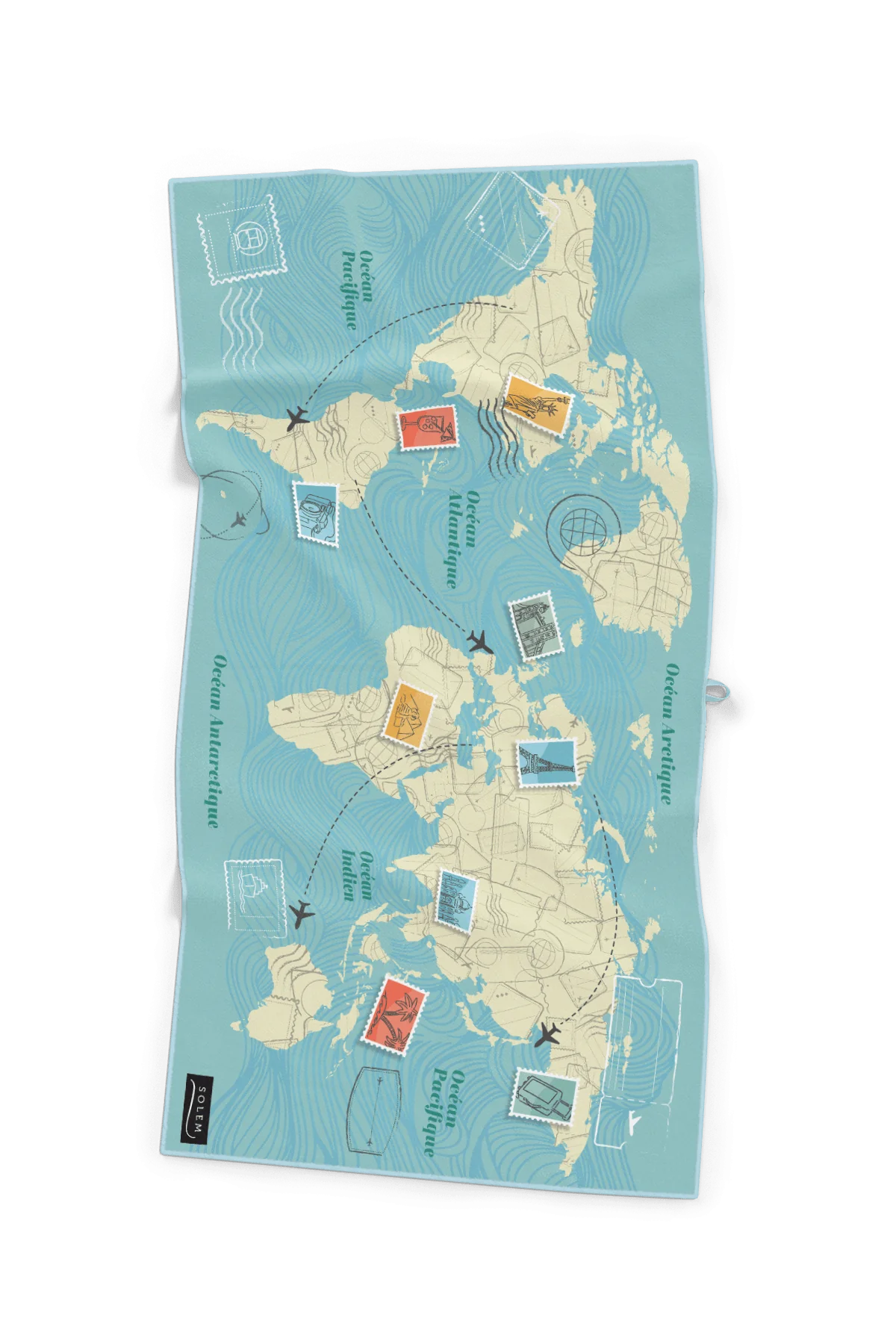 Serviette de plage Solem Autour du monde XL, recto avec carte du monde