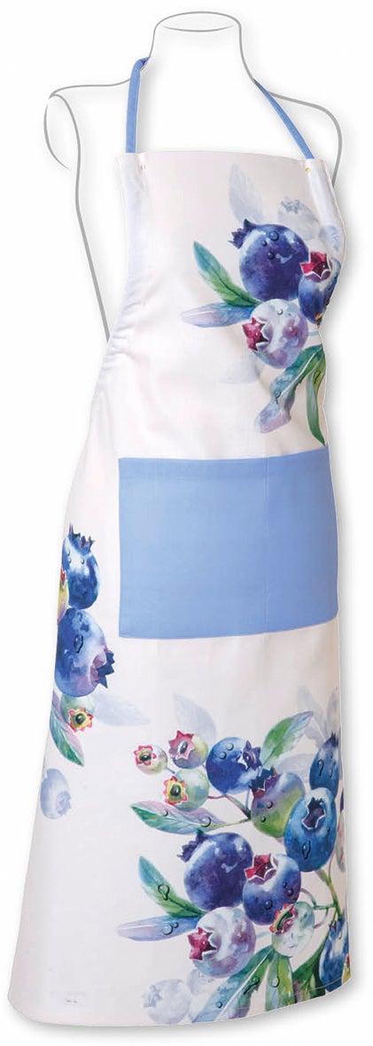 Tablier blanc à motif de bleuets et ceinture bleue