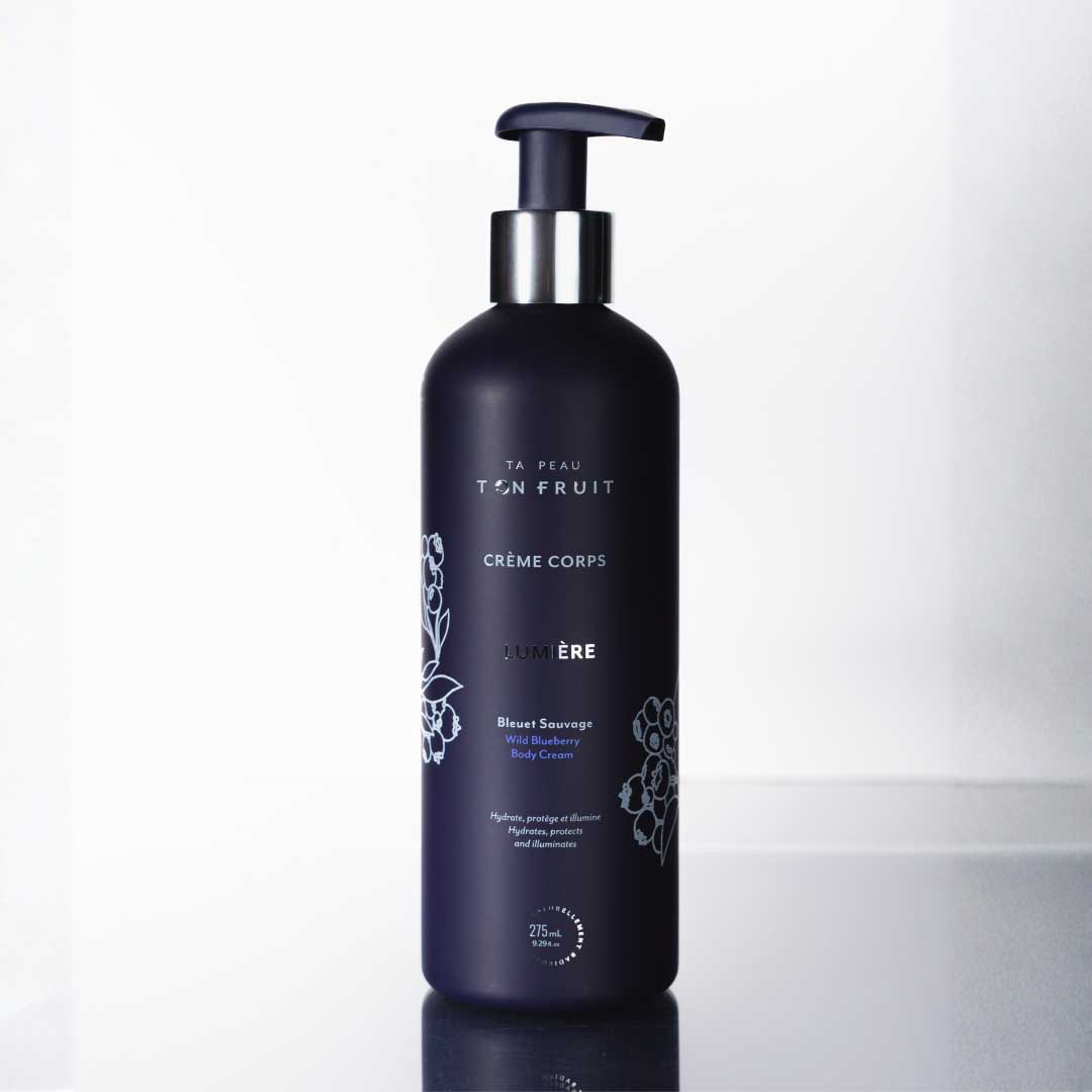 Flacon-pompe bleu de crème corporelle Lumière — Ta peau, ton fruit