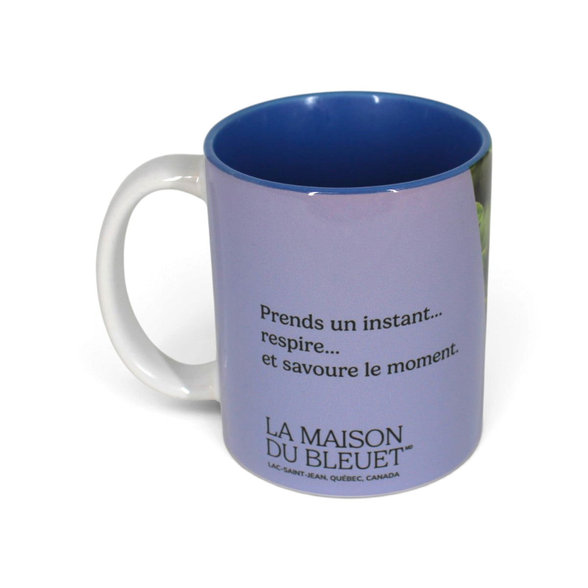 Tasse Bleuets Savoure le moment – Message sur panneau mauve