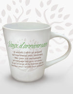 Tasse Earth Angel « Vœux d’anniversaire » ornée d’un message en français.
