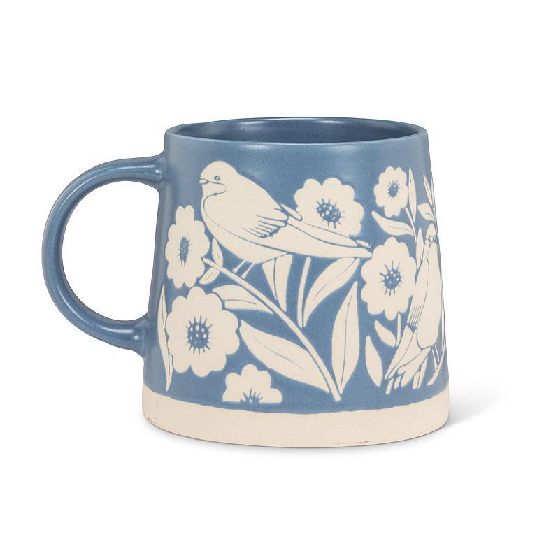 Tasse en grès bleue à oiseaux et feuillage Abbott — vue de l’autre côté
