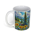 Tasse souvenir Saguenay–Lac-Saint-Jean – Conifères et fleurs sous un ciel tourbillonnant