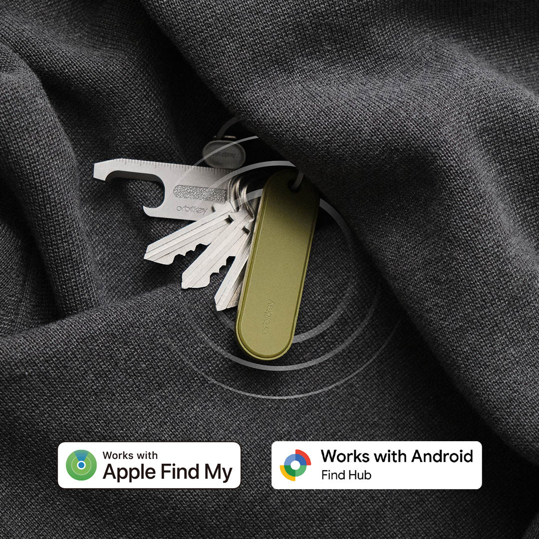 Traceur universel Orbitkey — traceur pistache avec clés et logos Apple Localiser et Google Find Hub