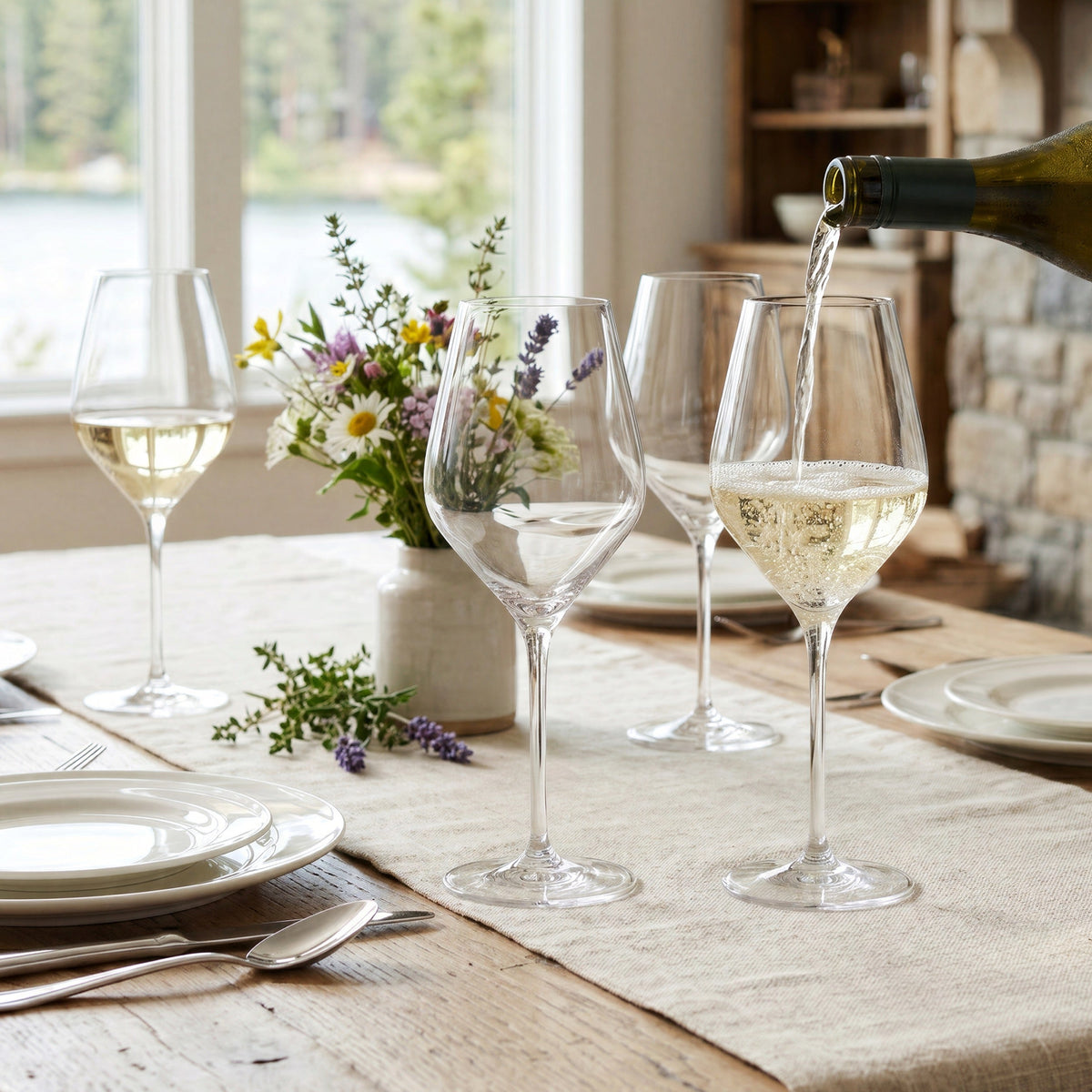 Coupes DuraShield Final Touch sur une table dressée pendant le service du vin blanc.