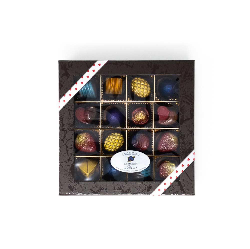 Chocolats fins de La Maison du Bleuet et Crucial Gourmet, boîte de 16 morceaux