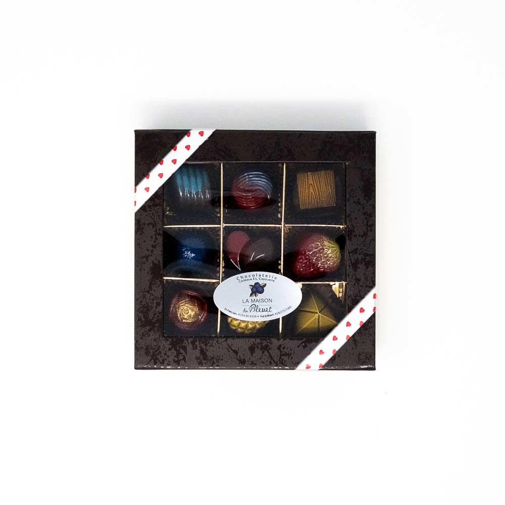Chocolats fins de La Maison du Bleuet et Crucial Gourmet, Boîte de 9 morceaux