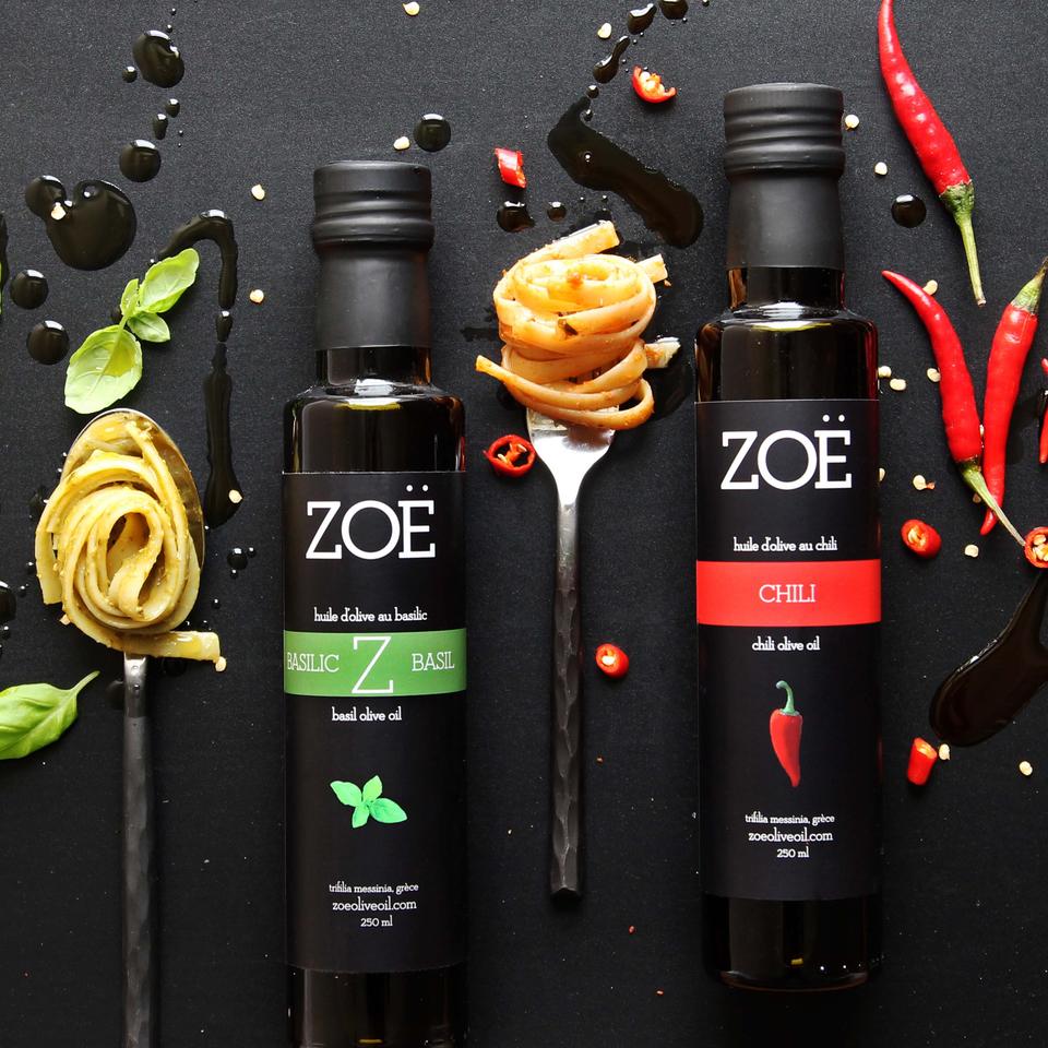 Huile d’olive au basilic Zoé – suggestion de présentation