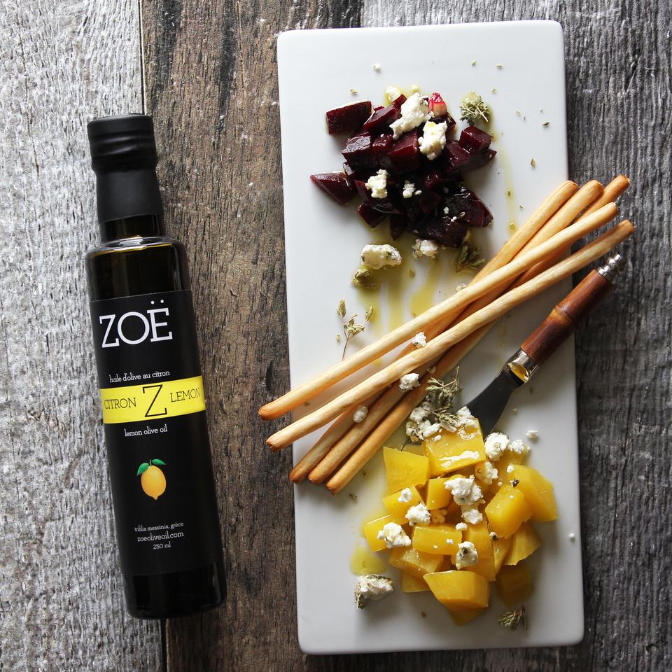 Huile d’olive au citron Zoé – 250 ml – suggestion de présentation