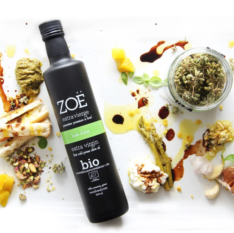 Huile d’olive extra vierge biologique Zoé – 500 ml – suggestion de présentation