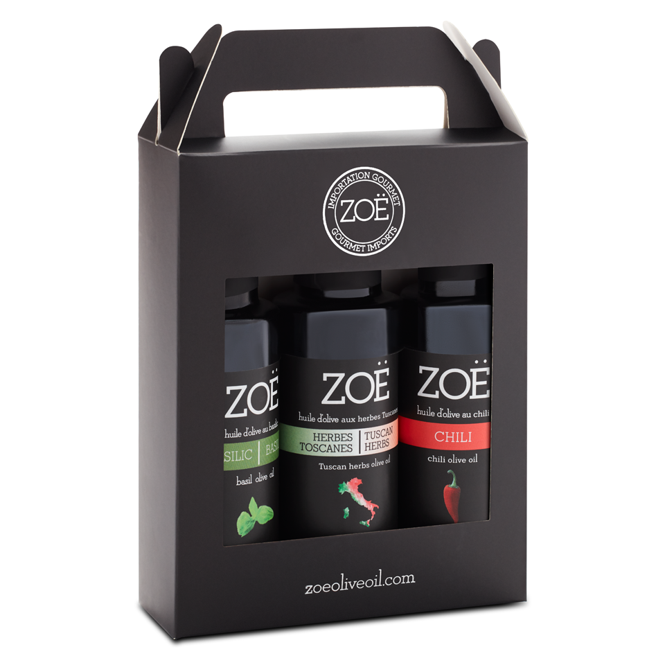 Trio d’huiles d’olive et de balsamiques Zoé – 3 × 100 ml – vue du produit